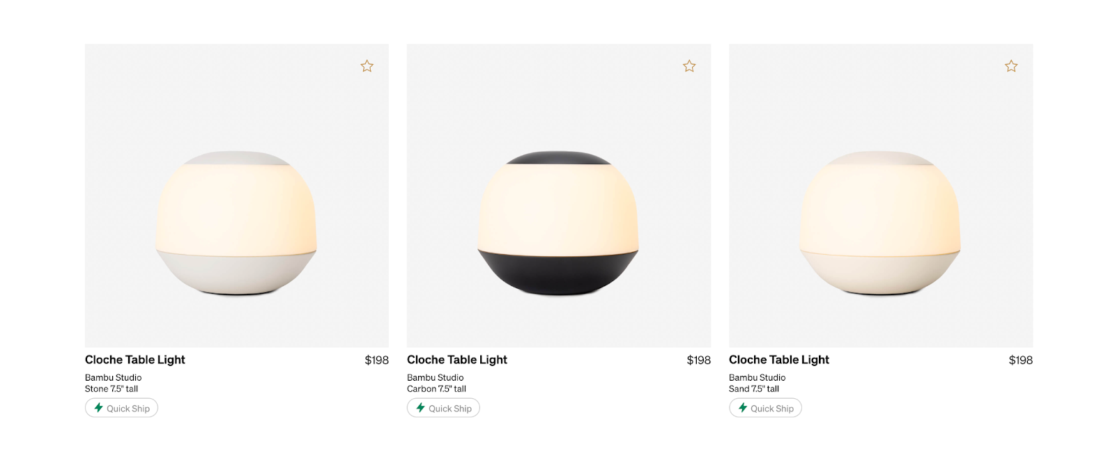3 lamps on a website showing the colors its available in