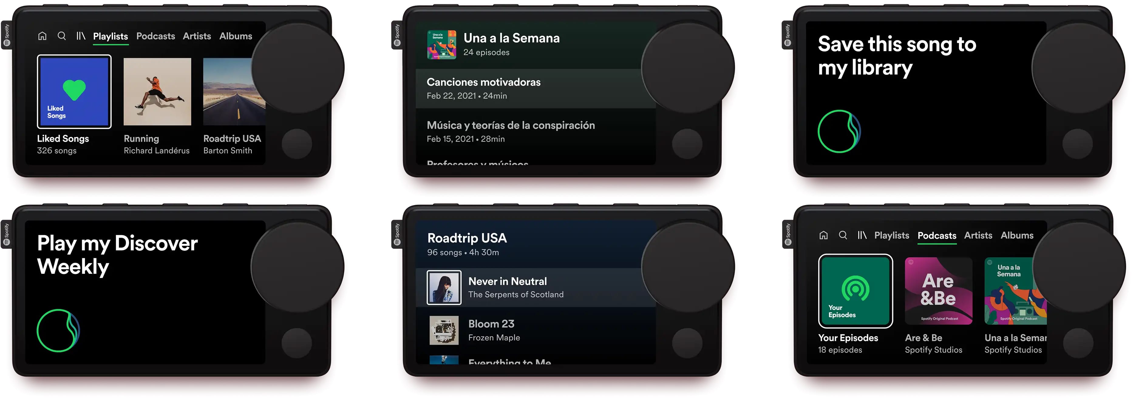 6 spotify car things showing various UI states