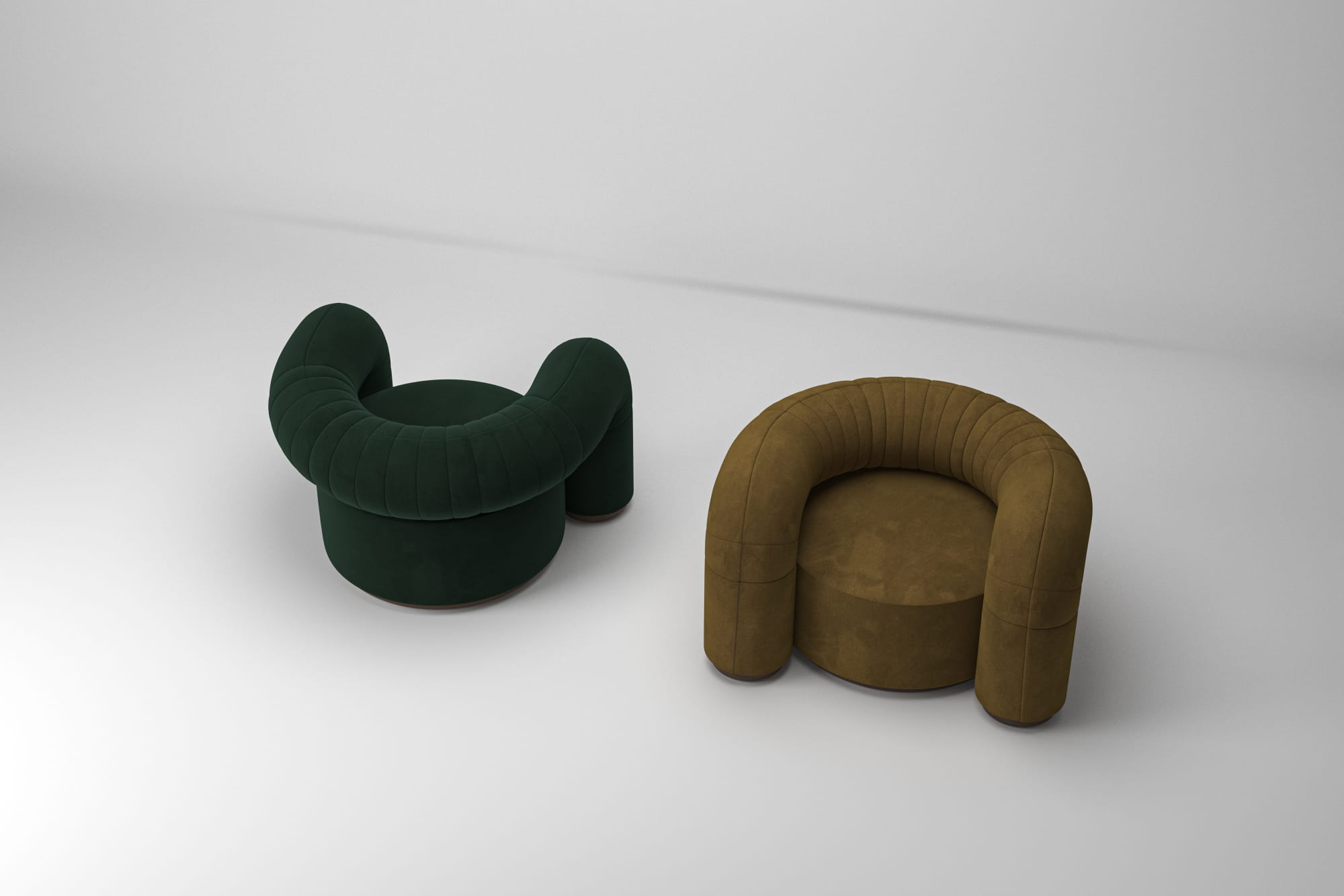 2 soft round armchair in green and dark yellow