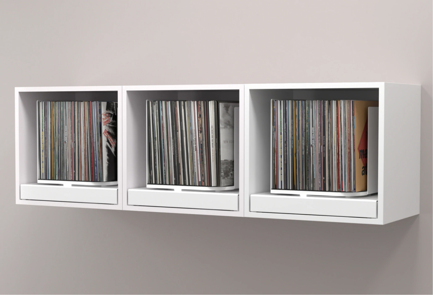 white shelf storing records