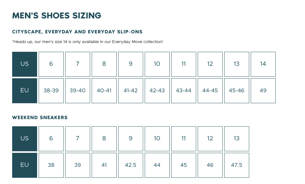 Mens shoe sizing chart for vessi shoes