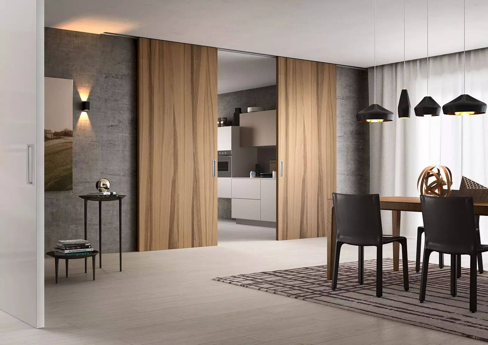 open interior sliding doors showing full wood grain