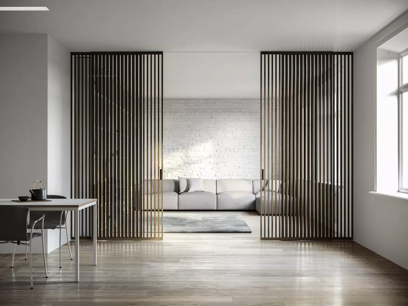 large slatted sliding door in a modern living room