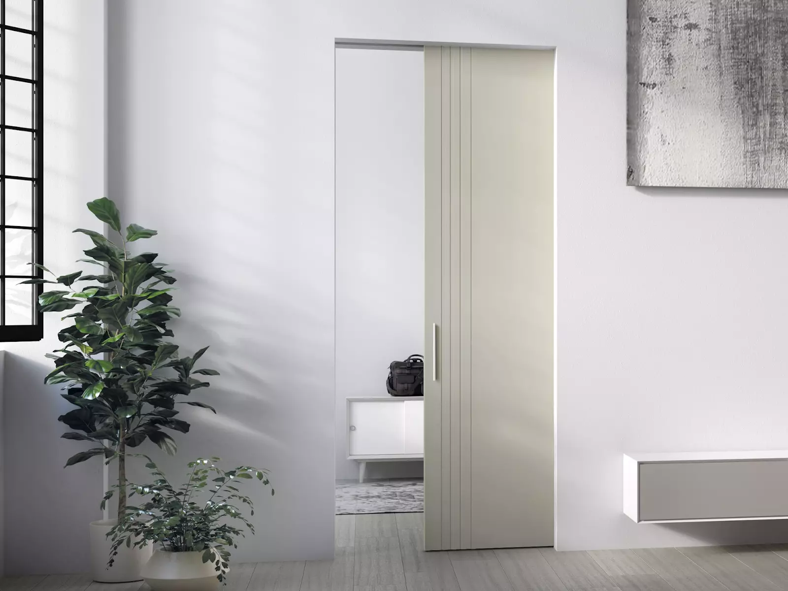 light colored sliding door with wheels visible on wall