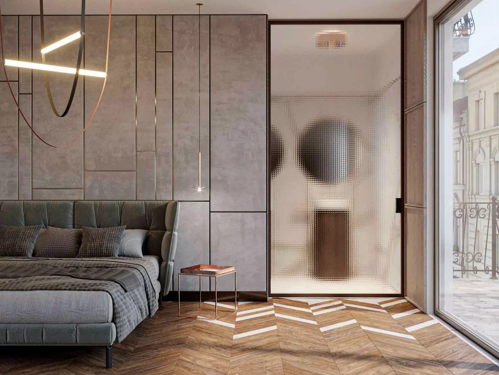 closed glass sliding door with blurred panes of glass for privacy