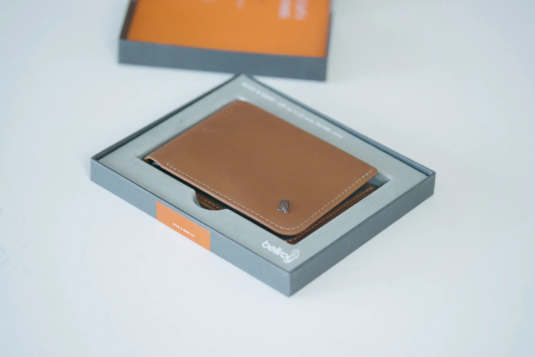 Bellroy wallet in its packaging sitting on a white table