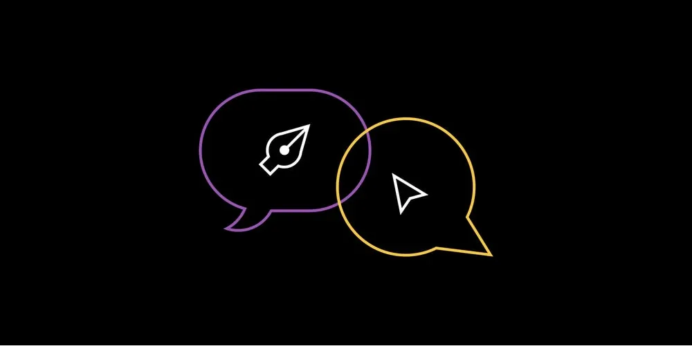 Black banner showing speech bubbles with icons inside.