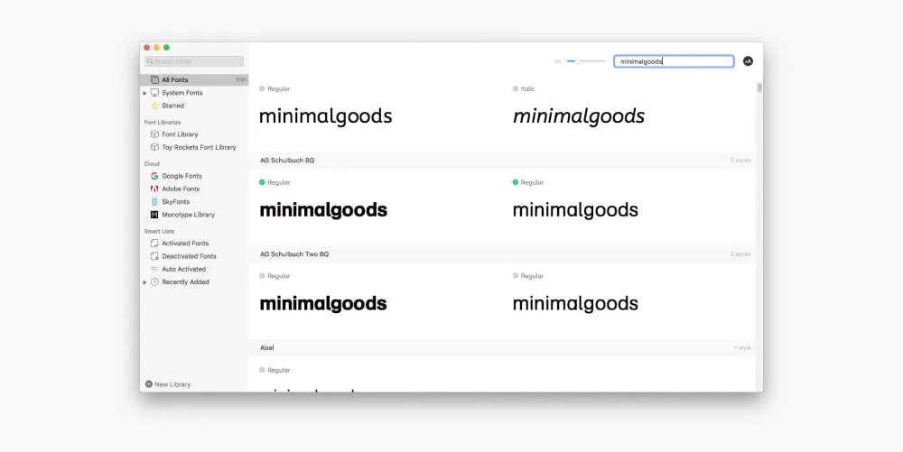 Right font software showing a variety of fonts